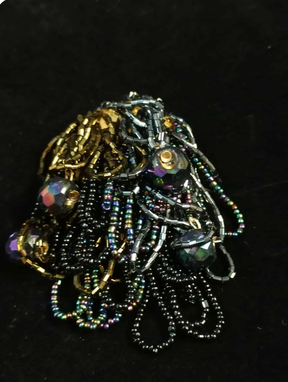 Vintage Black Glass Beaded Fringe Brooch Iridescent Crystal Dangle Statement